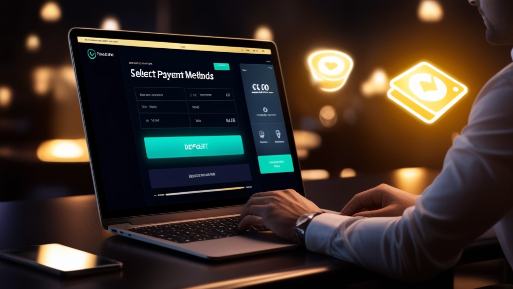 Sötét kaszinóképernyő befizetési módokkal és digitális fizetési ikonokkal