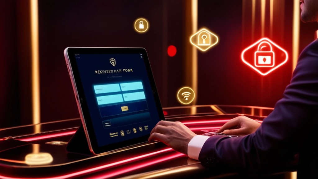 Kaszinós regisztrációs űrlap tabletből, neonfényben